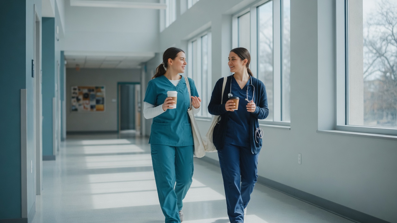 Two nursing students walking a bright hallway between classes.