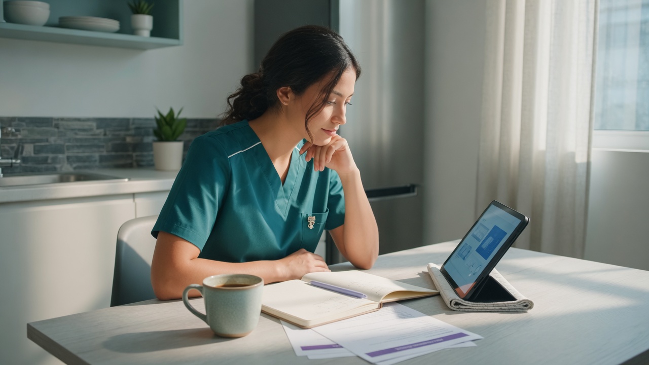 A nursing student reviews the week at a quiet kitchen table.