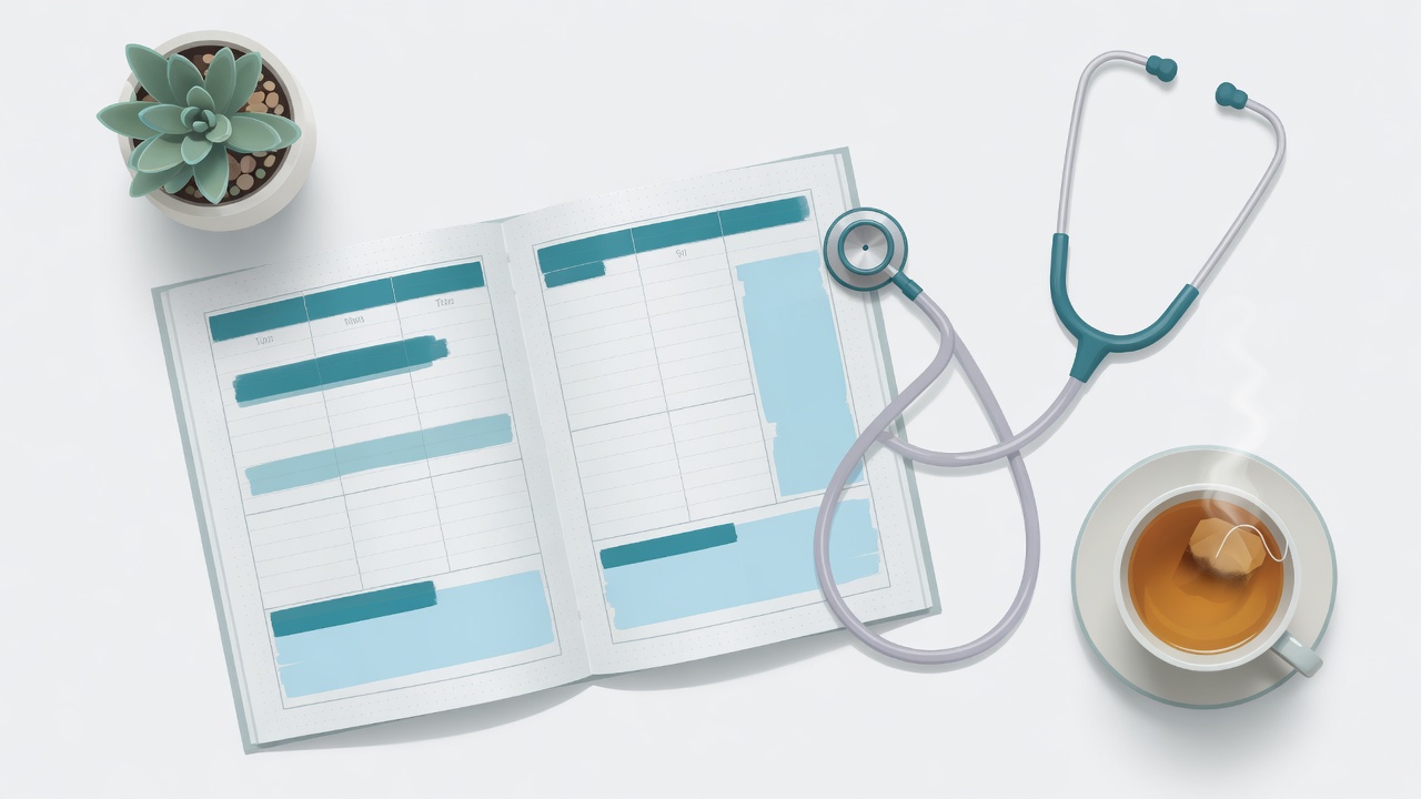 A weekly planner, stethoscope, and tea on a quiet desk.